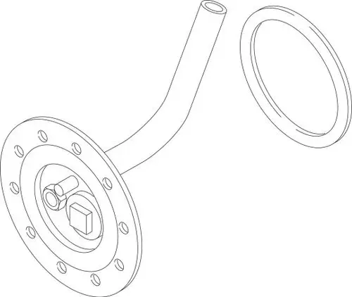 BOSCH Flansch mit Tauchrohr, bestehend aus einem runden Flansch mit mehreren Befestigungslöchern und einem gekrümmten Rohr. Das Zubehörteil ist zur Verbindung von Konstruktionskomponenten konzipiert.